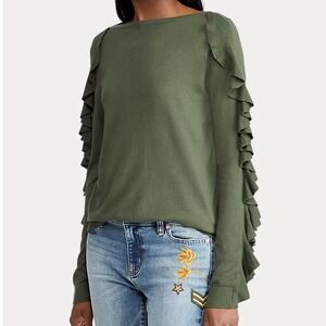Lauren Ralph Lauren Olive Green Ruffle Sleeve Sweater‎ Petite Long Sleeve